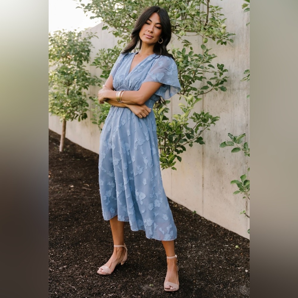 Baltic Born June Smocked Midi Dress in Blue NWT